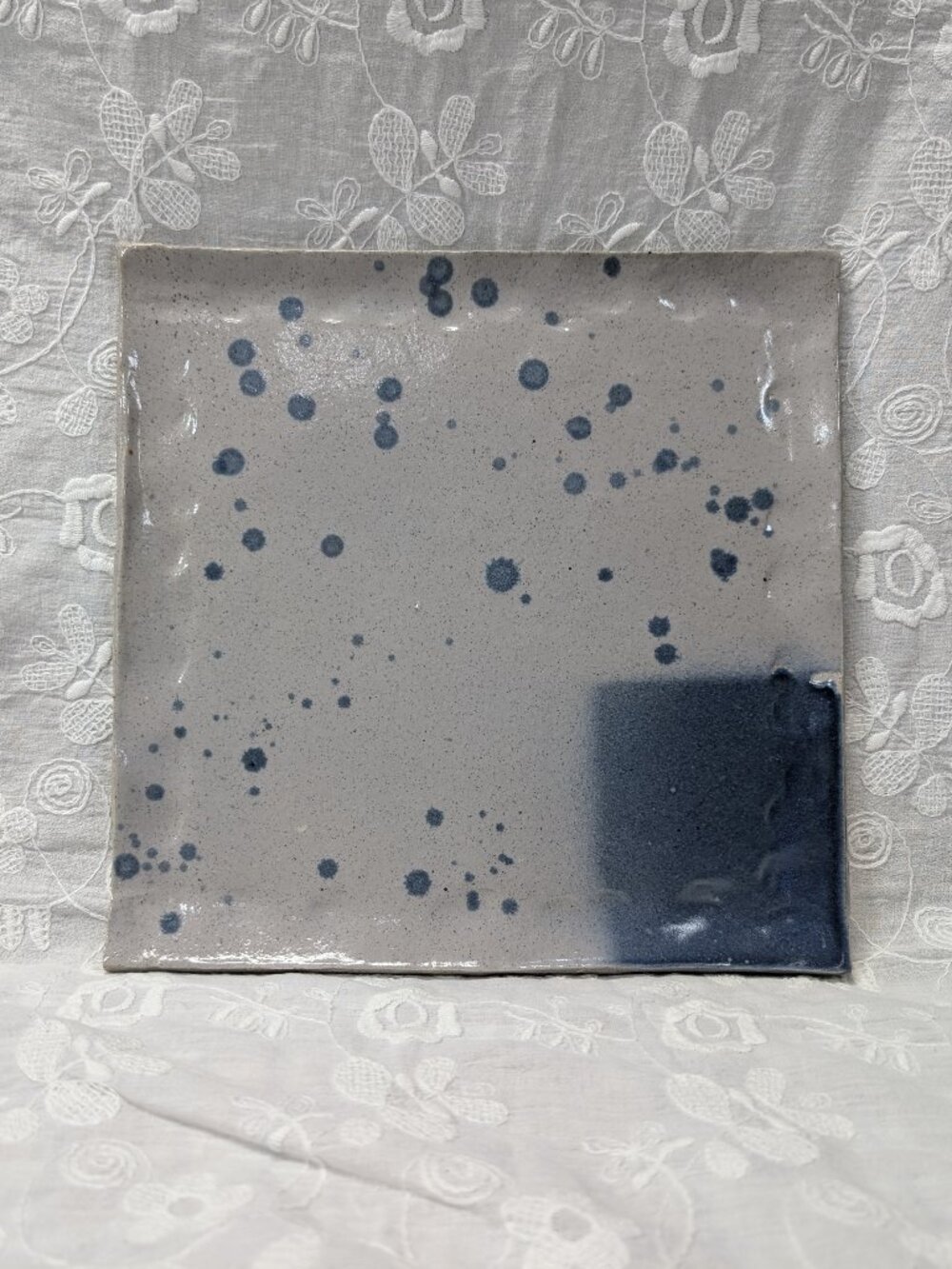 Handmade Slab Pottery, Blue & Gray Slab Pottery Plate with Speckles, Signed